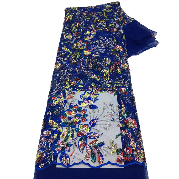 

Blue Net Embroidery Fabric French Lace Fabric Beaded Lace Fabrics for Dress