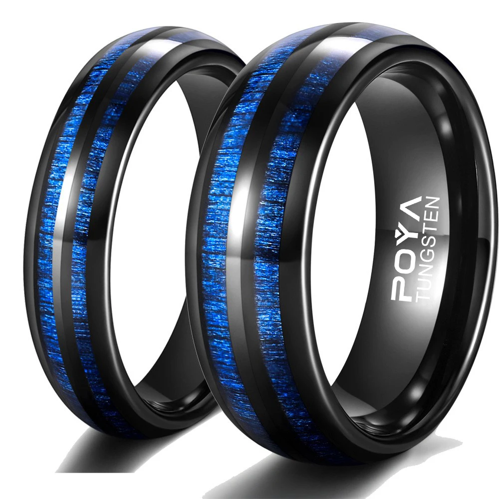 POYA Dual Channel Domed Black Blue Wedding Band Maple Wood Inlay Tungsten Ring Gift for Men Women
