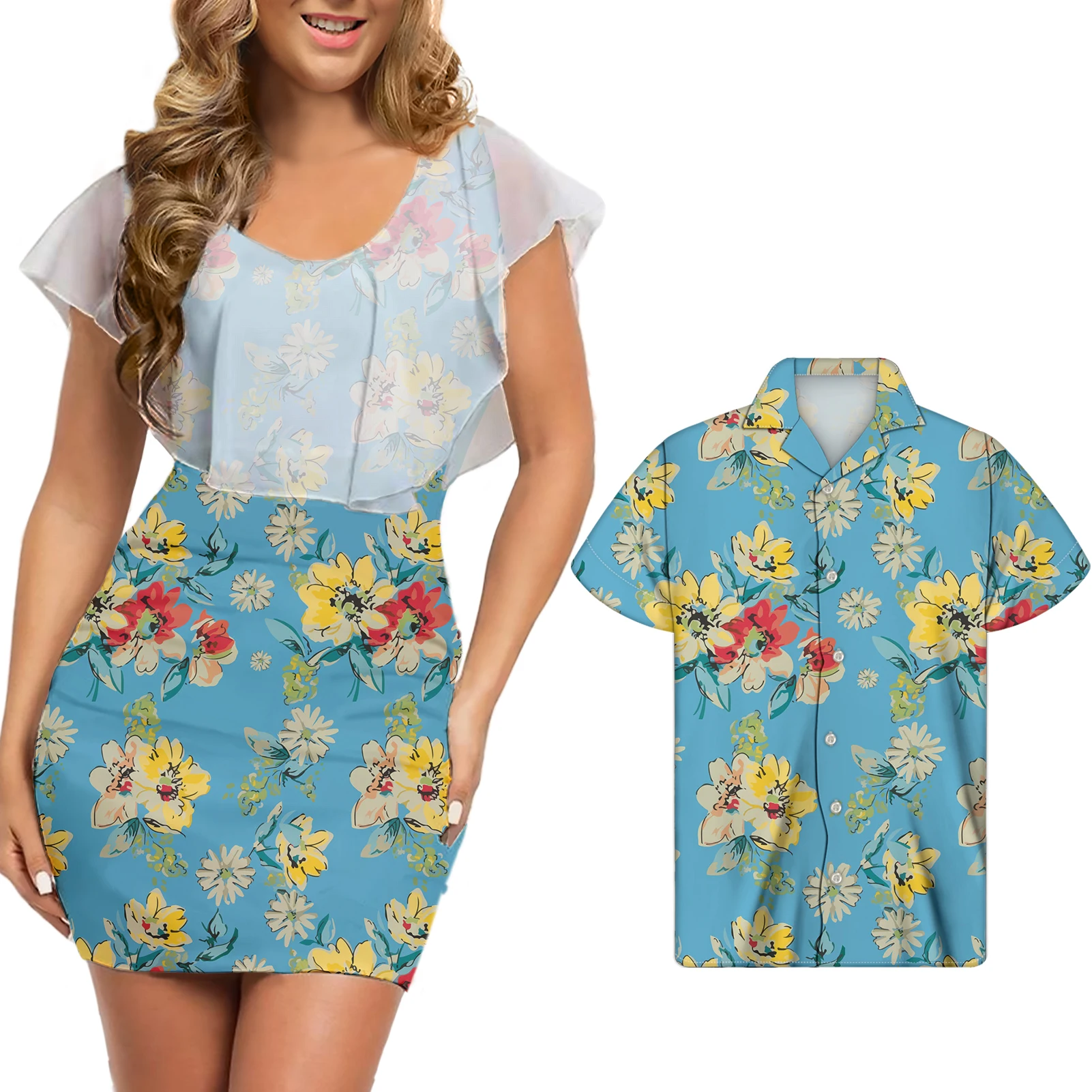 

Elegant Blue Couple Matching Clothing Plus Size Floral Casual Dresses Sexy Bodycon Mini Dresses 2021 Customized, Customized color