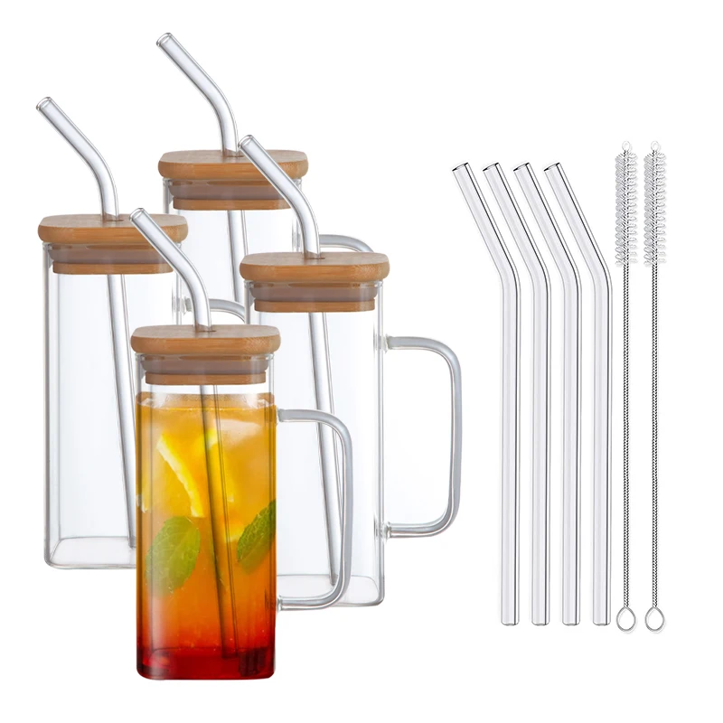 

Hot sales square 10 OZ Glass Tumbler high borosilicate glass coffee cup Beer Can glasses Glass cup straw cup with bamboo straw