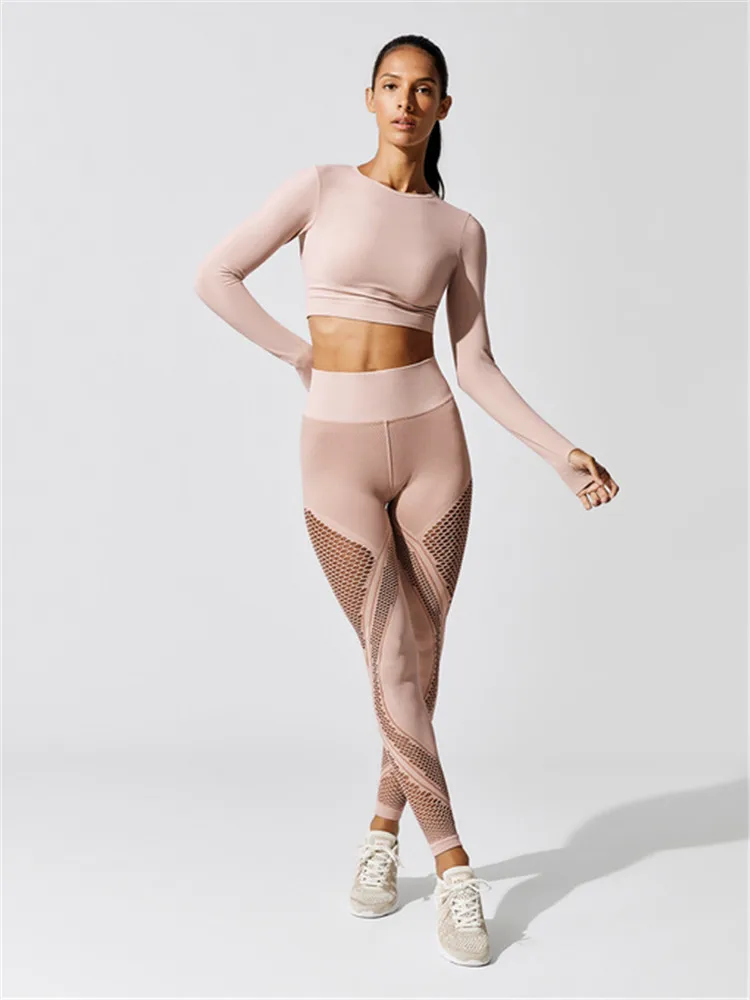 Custom Long Sleeve O-neck Hollow Stitching Tight 2 Piece Set Pink Recycled Yoga Pants