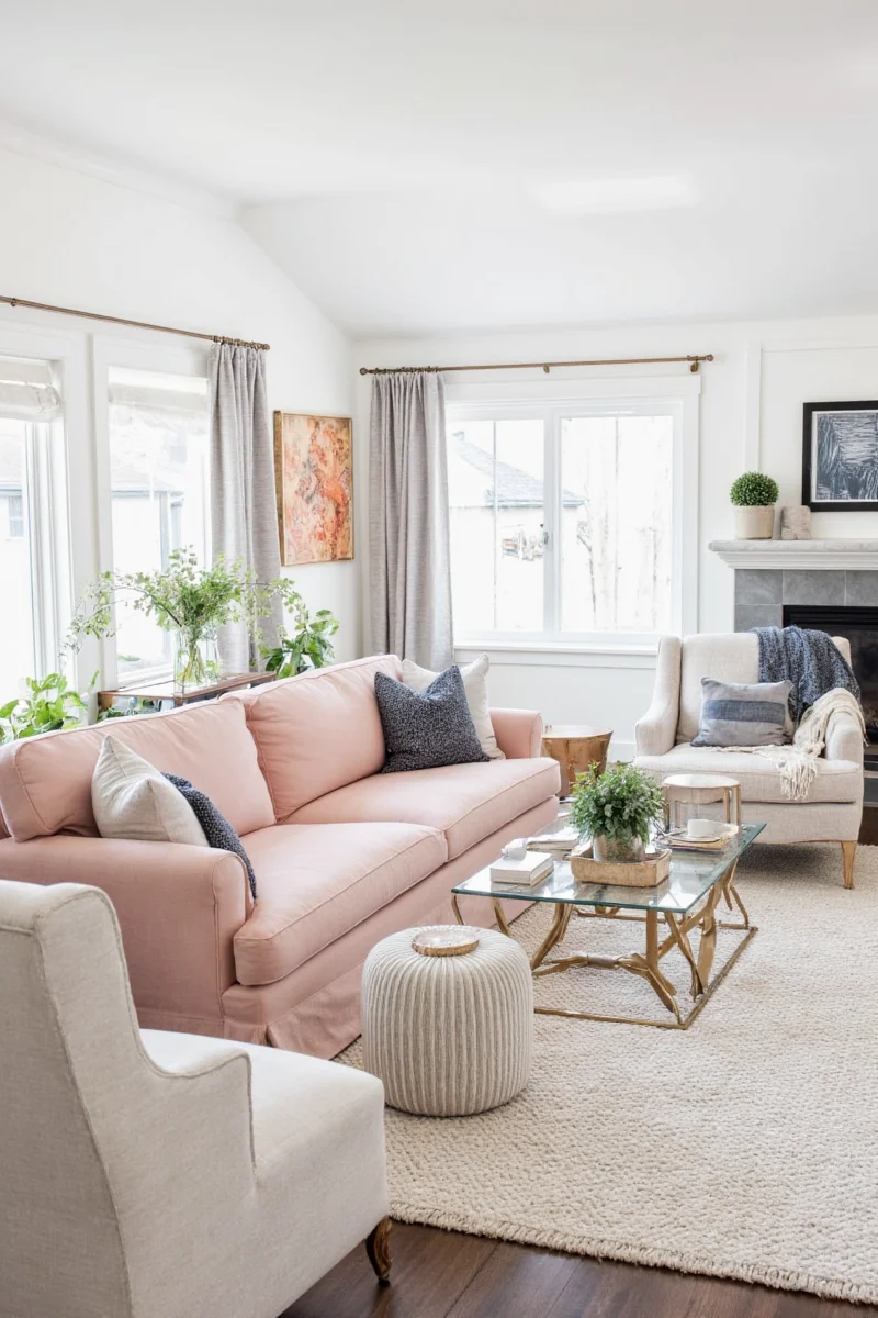 Neutral-toned living room with kids' art hanging