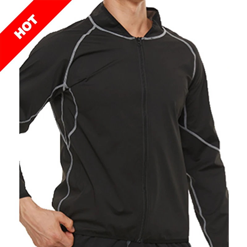 

training wear gym clothes running suits breathable running wear sport suit long Sauna zipper shirt for man, Balck