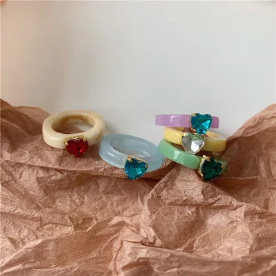 

Ins Korean Hot Sale Candy Color Acrylic CZ Heart Finger Rings Zircon Crystal Heart Resin Rings For Women Girls