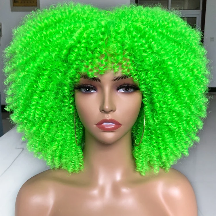

Novelty African 14 inches toupee with bangs short afro kinky curly hair fluorescent green synthetic wigs for black women