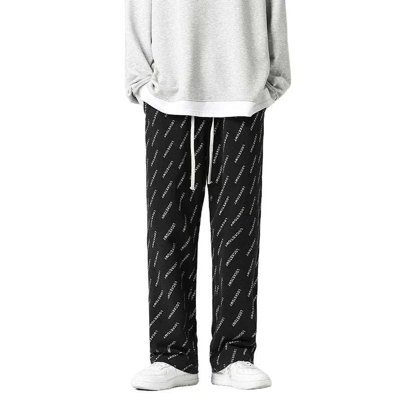 

High quality letter print trousers joggers streetwear cotton elastic band sweatpants hip hop straight loose casual pants, Black, custom more colors