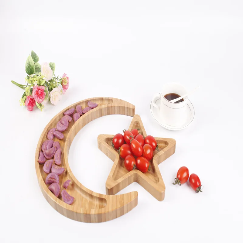 

Healthy Contemporary Snack Serving Tray Muslim plate Bamboo Star And Moon Shaped Service Small Wooden Food Tray