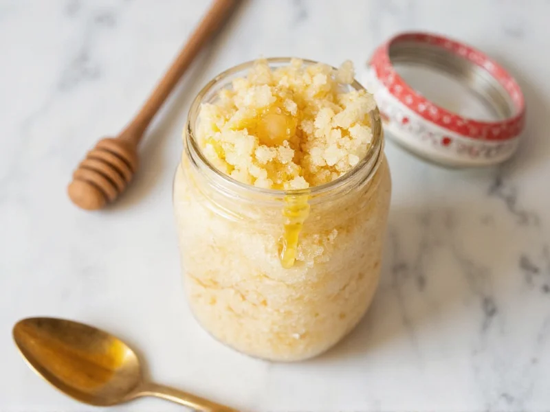 Homemade sugar body scrub in mason jar with honey drizzle