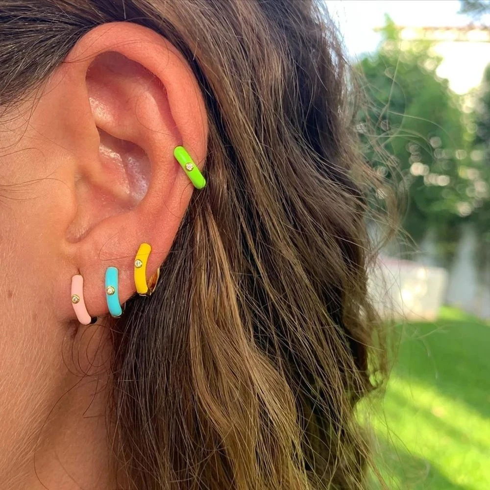 

Shiny rainbow colorful enamel mini hoop earring with 18K gold bamboo shape hoop earring for women wholesale 2020 earrings