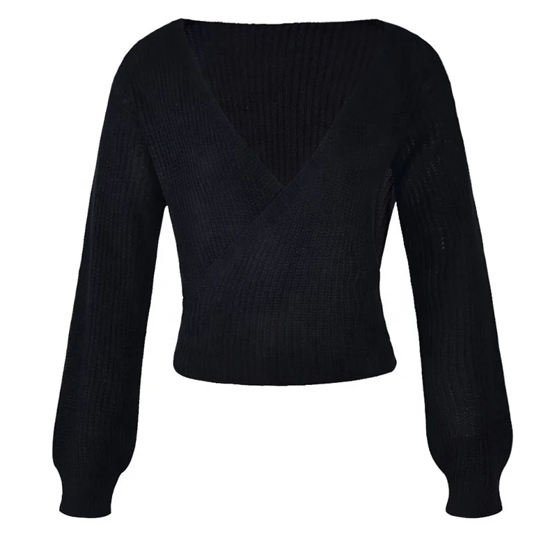 

Autumn and winter new fashion sexy V-neck exposed navel solid color short sweater cross straps lanterns sleeves knit sweater, Picture