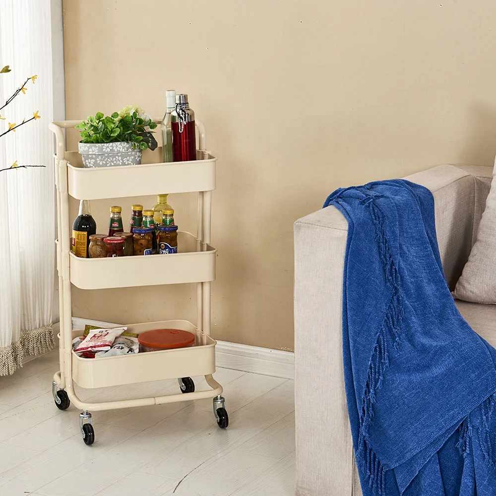 
Home furniture sturdy srtucture with handle flexible metal rolling kitchen trolley cart 