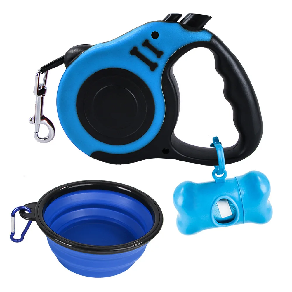 

3 piece Wholesale Dog Retractable Leash Hands Free Plastic Nylon Training Walking outdoor Pet Dog Leash poop bags bowl