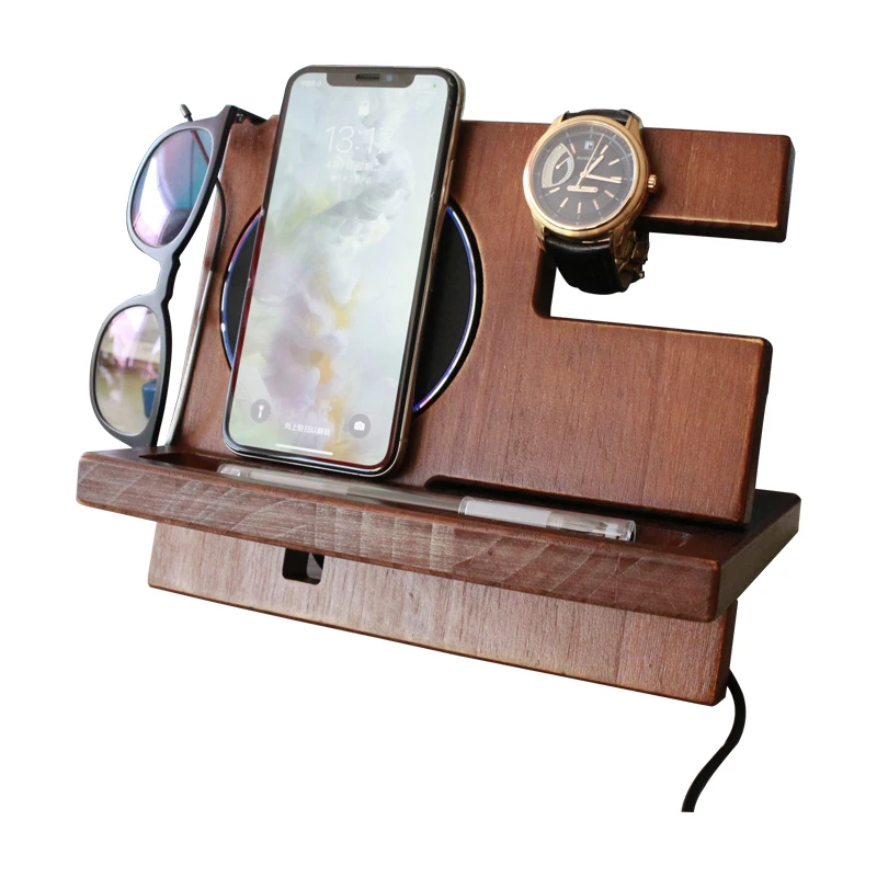 

Wood Docking Station with Phone wireless charger Ash Key Holder Wallet Stand Watch Organizer Men Gift
