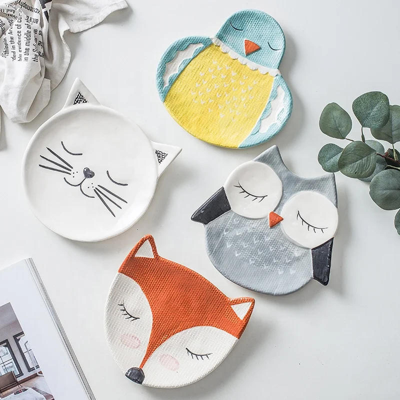 

Cartoon Cute Cat Bird Animal Ceramic Round Plate Children or Kids Like Dessert Plate, As the picture