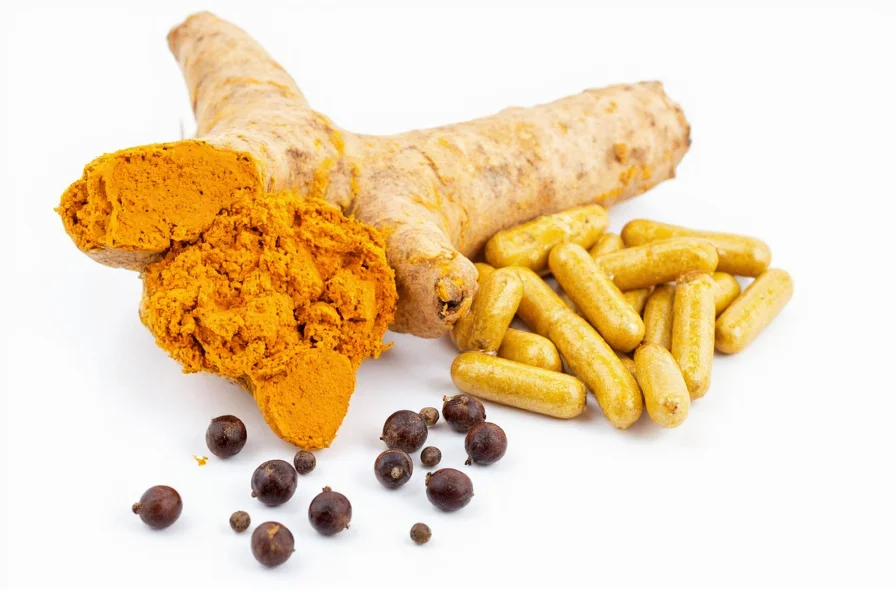 Turmeric root next to curcumin supplement capsules and black peppercorns on white background