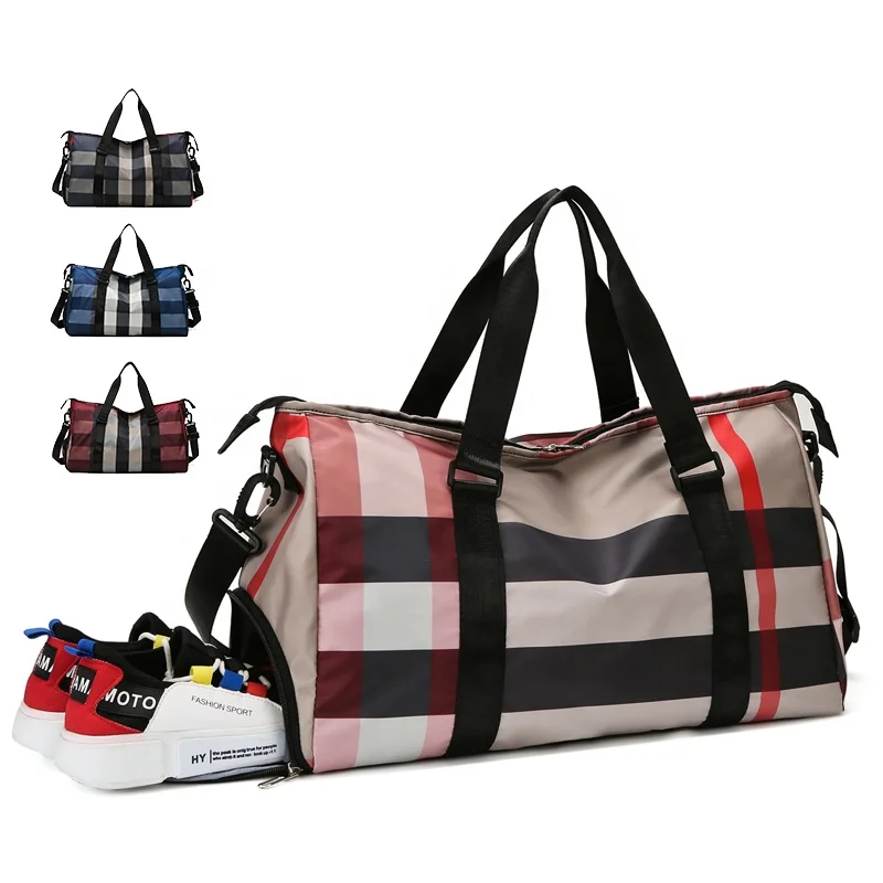 

2022 Fashion Check Pattern Wholesale Lady Hand Carry Durable Waterproof Women Sport Gym Duffle Travel Bag with Shoe Compartment