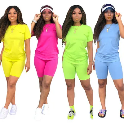 

2021 summer jump suit women t shirt two jogging piece biker short set two piece set tracksuit