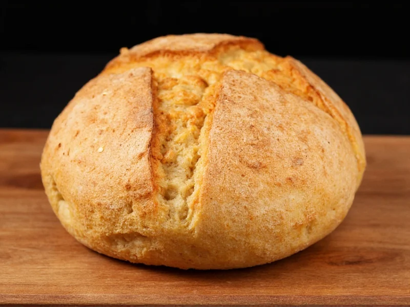 Golden crusty homemade bread loaf fresh from oven on wooden board