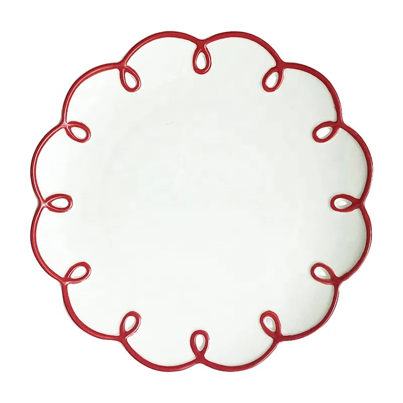 

Simple French Ceramic Plate Flower White Dessert Dishes Fruit Bread Dinner Plates Novelty Kitchen Utensils Porcelain Tablewares, White and red