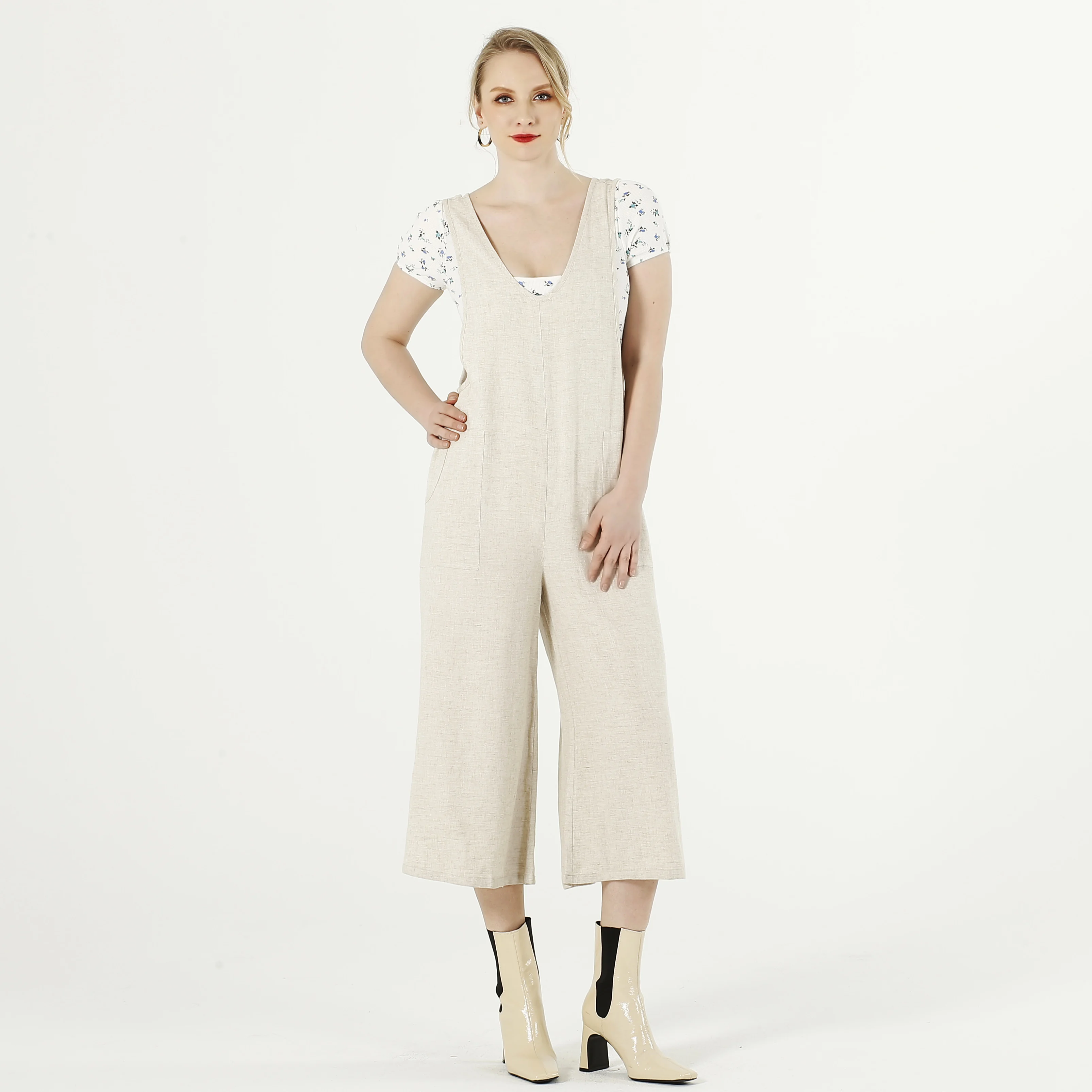 

2021 Casual Summer Sleeveless V Neck Wide Leg Linen One Piece Rompers Womens Jumpsuit