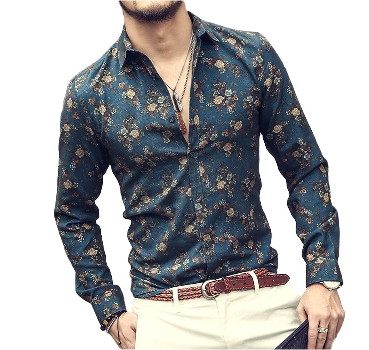 

Casual Wear New Style Flower Printed Youth Popular Regular Men'S Shirts