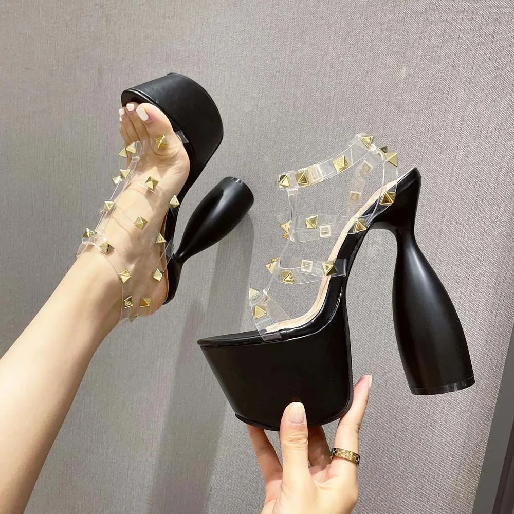 

2021 New Sandalias Taco Altohigh Platform Thick Sandals Transparent Clear Thin Strap Studded Super Heel Women's Sandals, Black;white