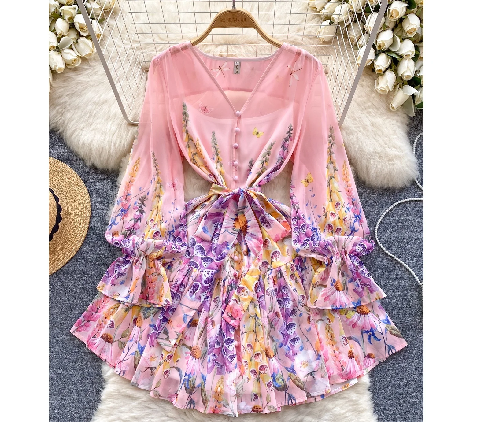 

Fashion Summer Print V-neck Ruffled Dress Lantern Sleeve Dress