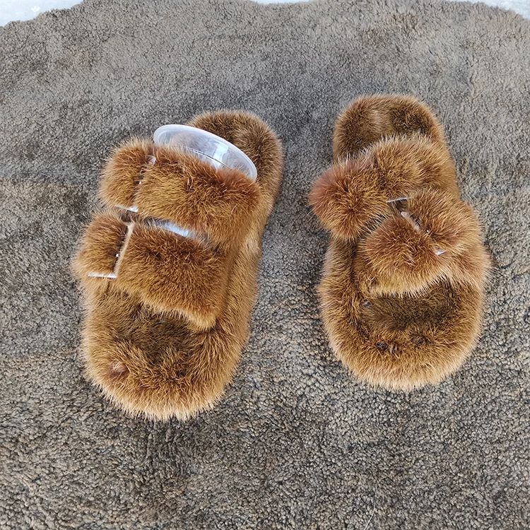 

European Station Real Fur Mink Shoes Ladies Fur Slides Flat Heel Slippers For Women, Customized color