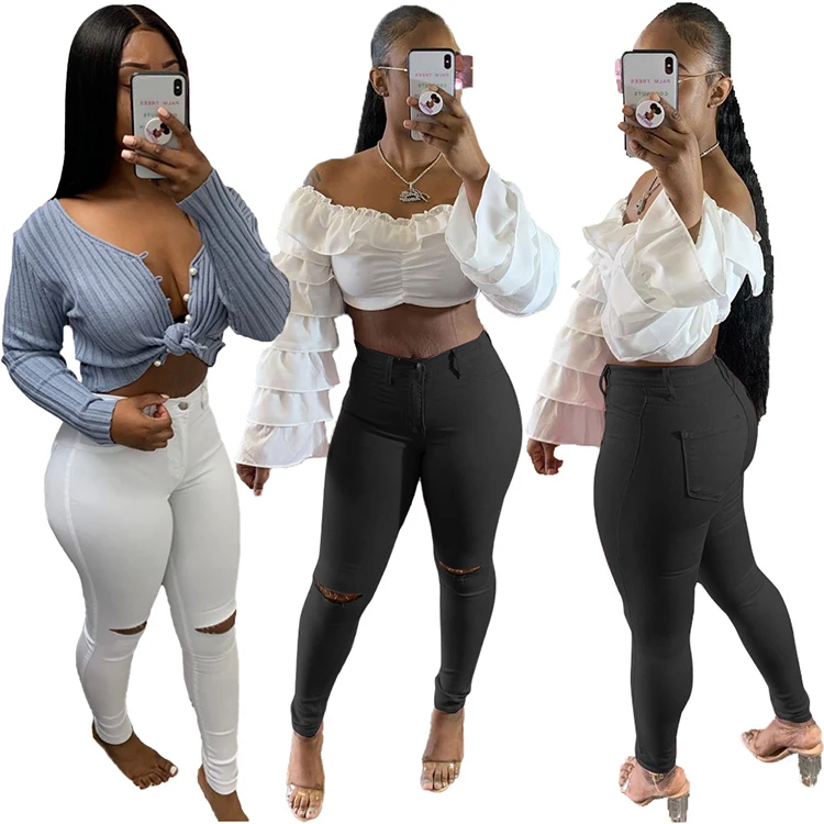 

KY3048 New Fashion Hole Solid Color Slim Fit Black Pants For Women Ladies Pant