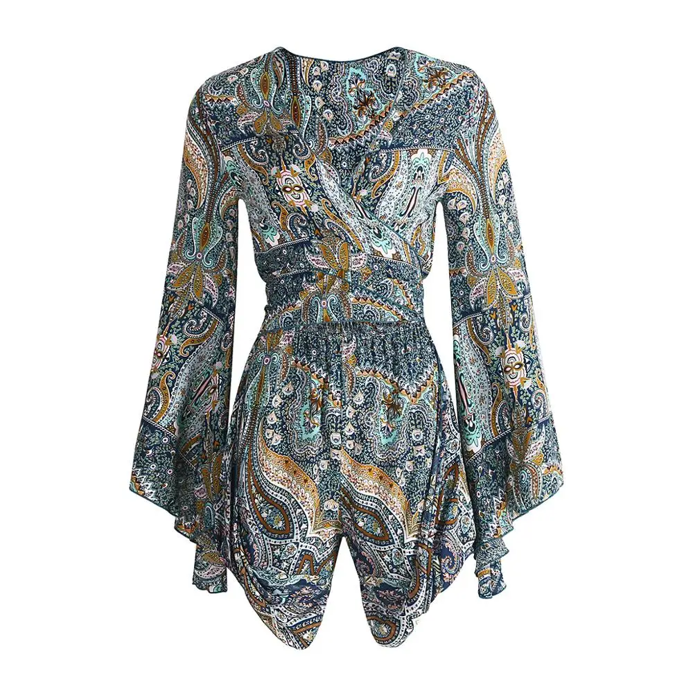 

2020 new summer design deep V neck floral print long sleeve women summer bohemian beach play suits