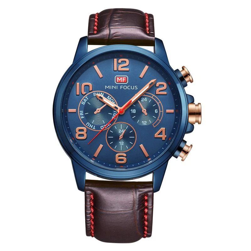 

Original MINI FOCUS MF0001G Waterproof Fashion Leather Chronograph Wrist Watch Men Luxury Brand Men's Watches, Black, blue, brown