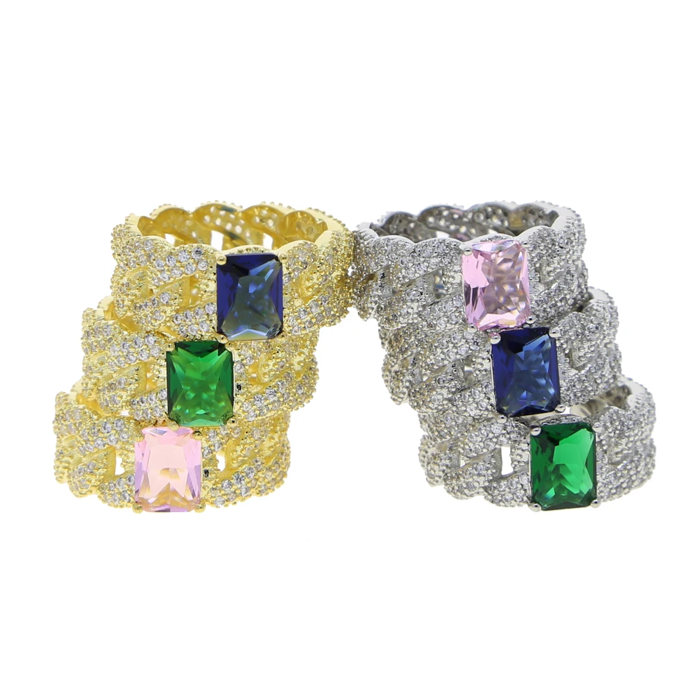 

US size 6 7 8 IN STOCK fashion iced out bling women finger jewelry colorful rectangle birthstone cuban ring, Silver