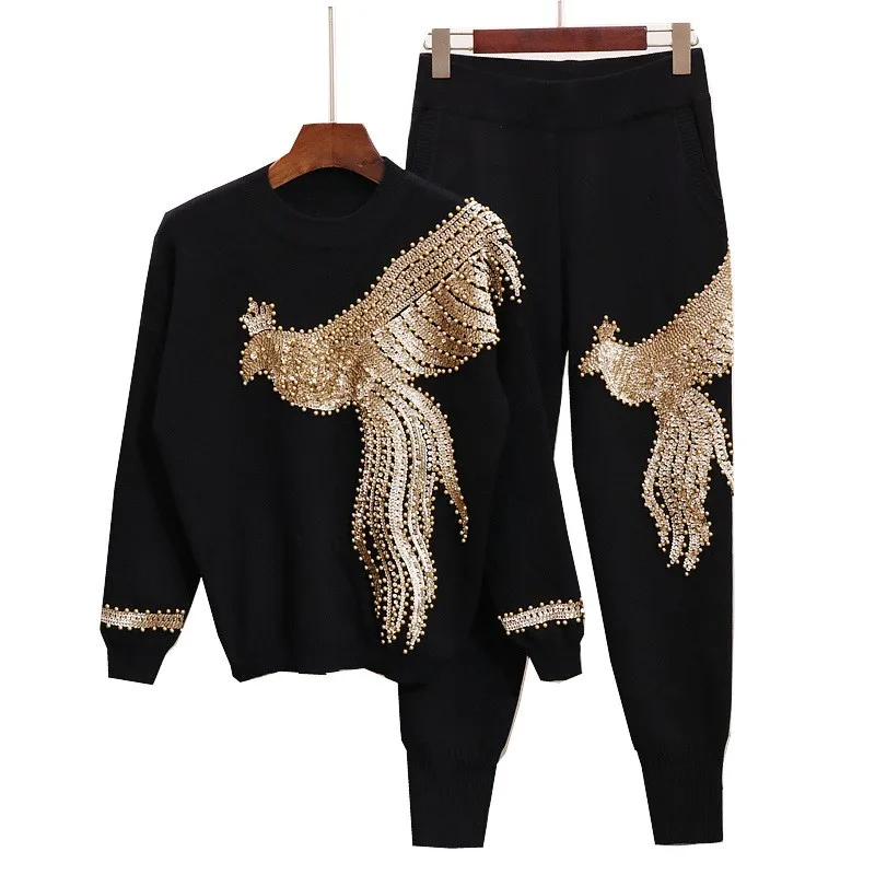 

New spring style two pieces set women knitting clothing with long trousers with phoenix sequin fashion two pieces set