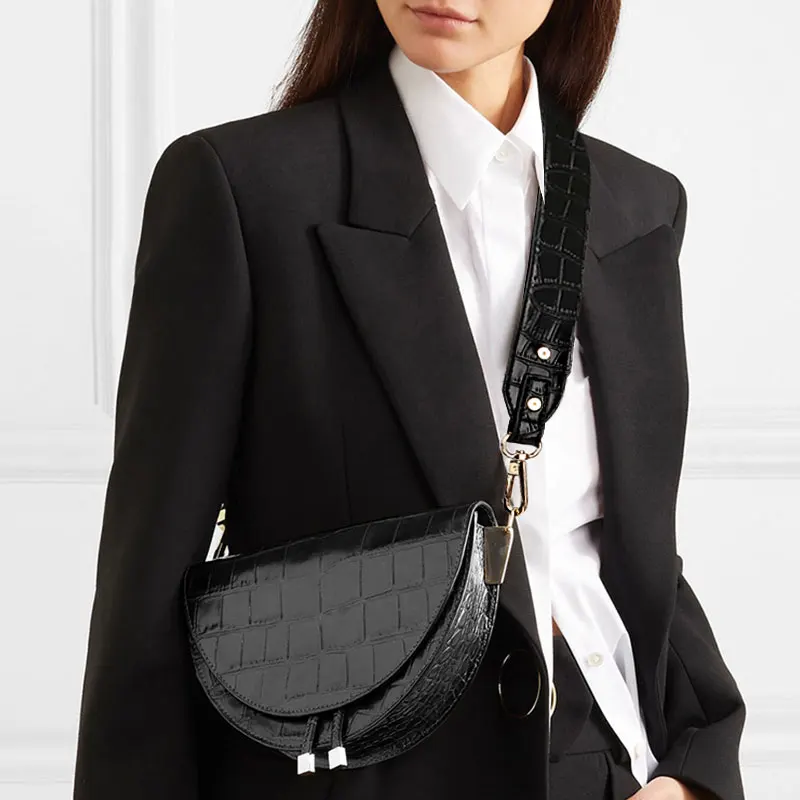 

Fashion Black Crocodile Leather mini messenger Semicircle Saddle Bags cross body bag's women crossbody sling bags, 7 colors for select