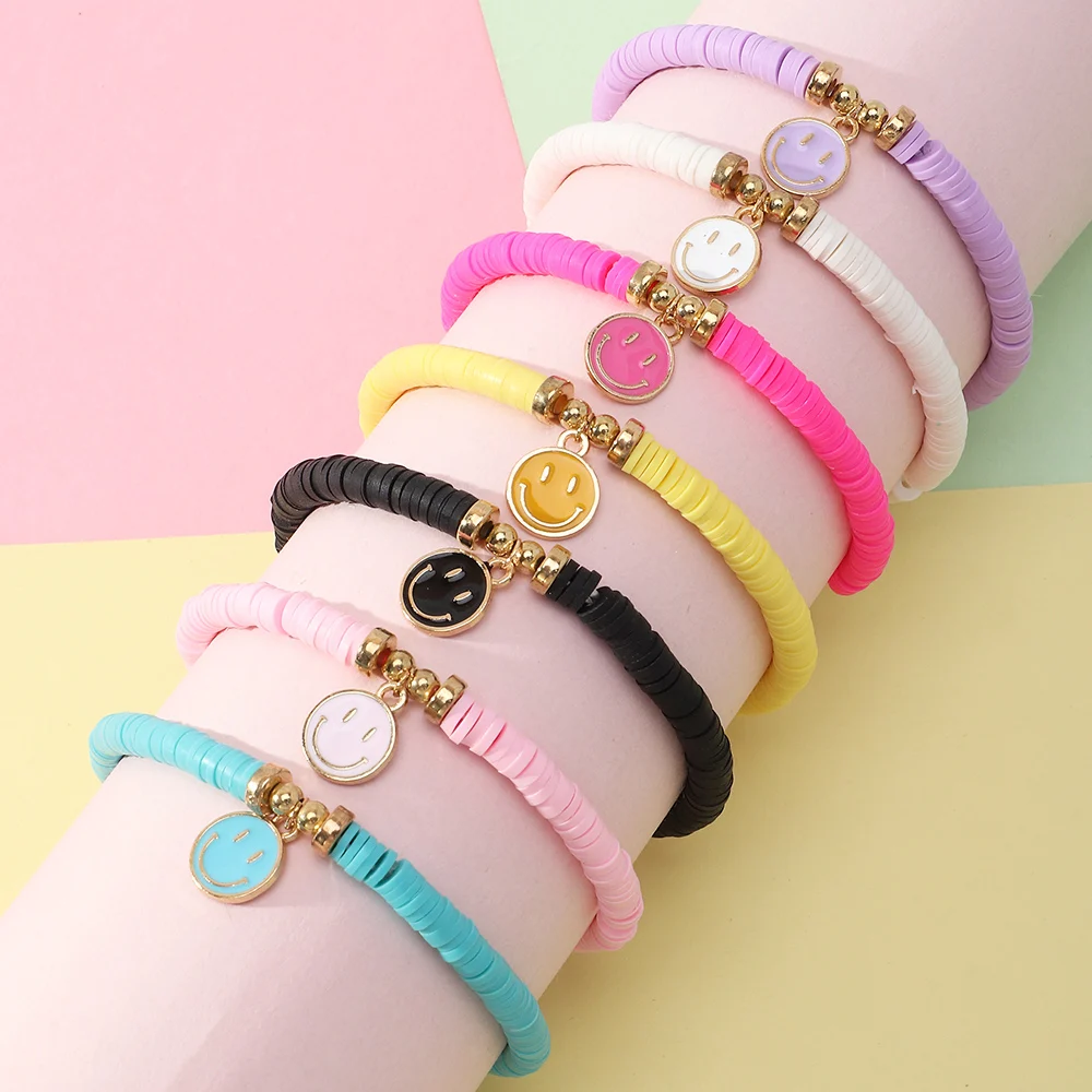 

Wholesale Fashion Women Handmade Colorful Smile Face Bracelets Polymer Clay Beads For Bracelet For Girls