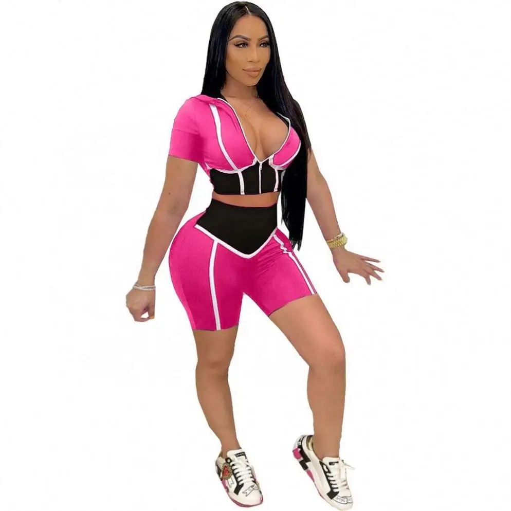 

Custom logo patchwork 2 pieces ladies knitted hoodies tracksuit set 2021summer tracksuits for women