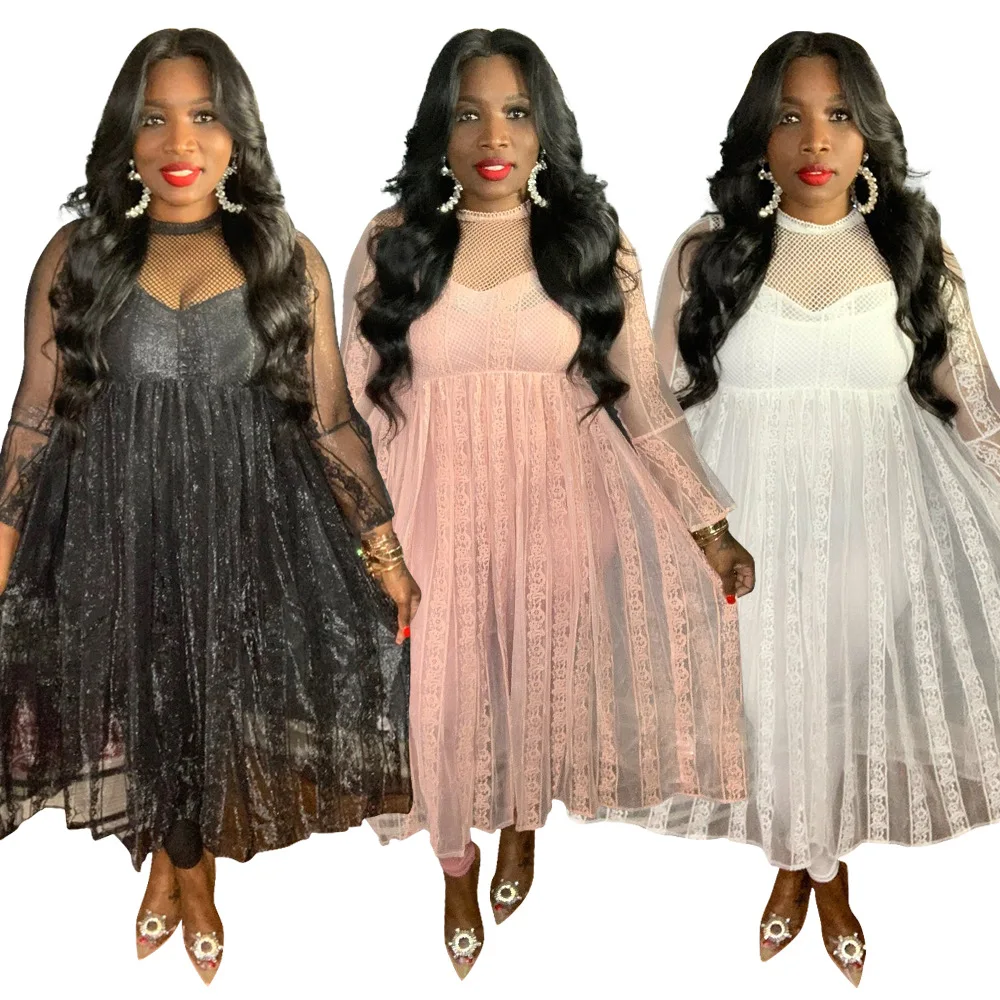 

O Neck See Through Lace Dress Woma Long Sleeves Back Zipper Hole Embroidery Laces Women's Dress Evening Party Lace Dress