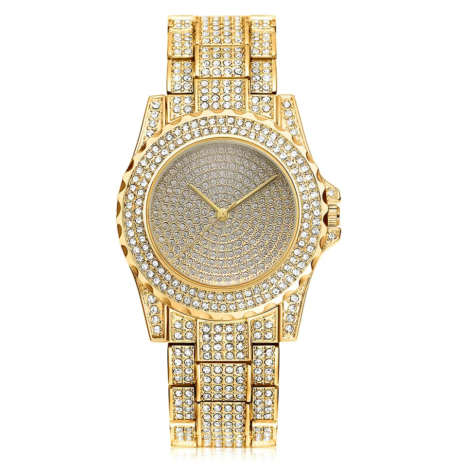 

Hot Selling Women Men Full Diamond Stainless Steel Quartz Wrist Gold Watches JAW-0691