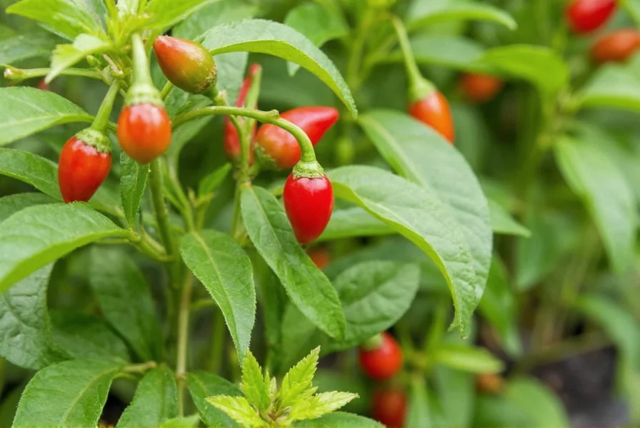 Close-up of bush-type chili pepper plant with small red peppers growing in container garden