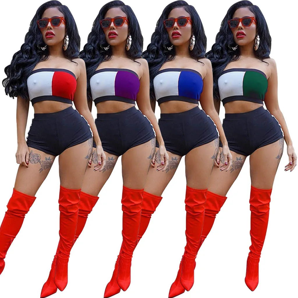 

Custom Summer Sexy Bodycon Women Sport Mini Shorts Block Color Sleeveless Tube Tops Two Piece Short Set, Picture