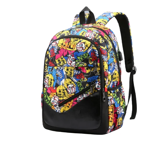 

Graffiti cool teenager men high capacity backpack with USB charging port women daypack schoolbag, Black
