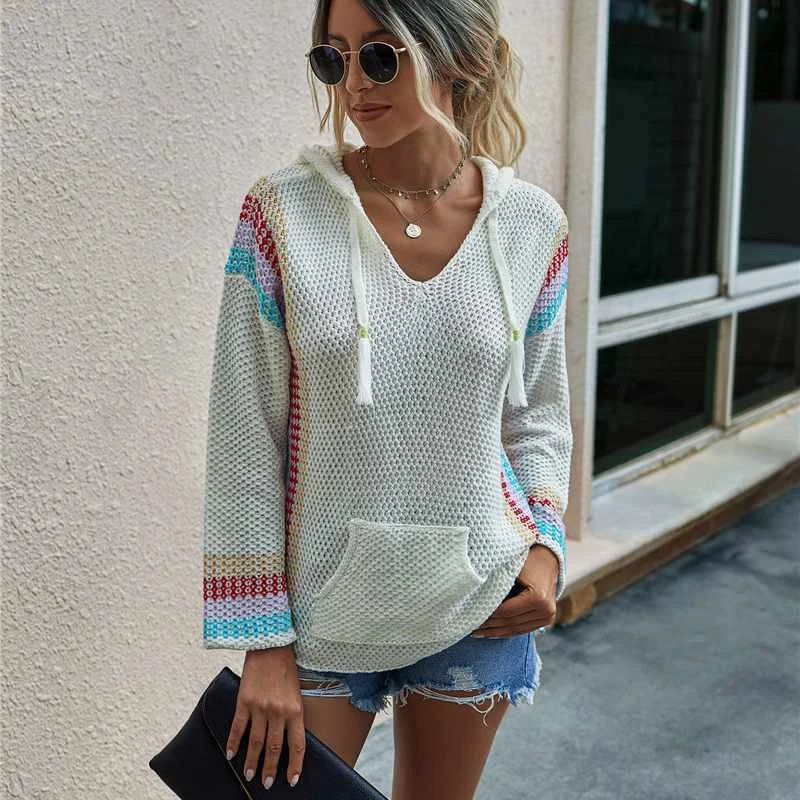 

Autumn Hooded Sweater Front Pocket Sweatshirts Loose Casual Pullovers Women Knitted Sweaters