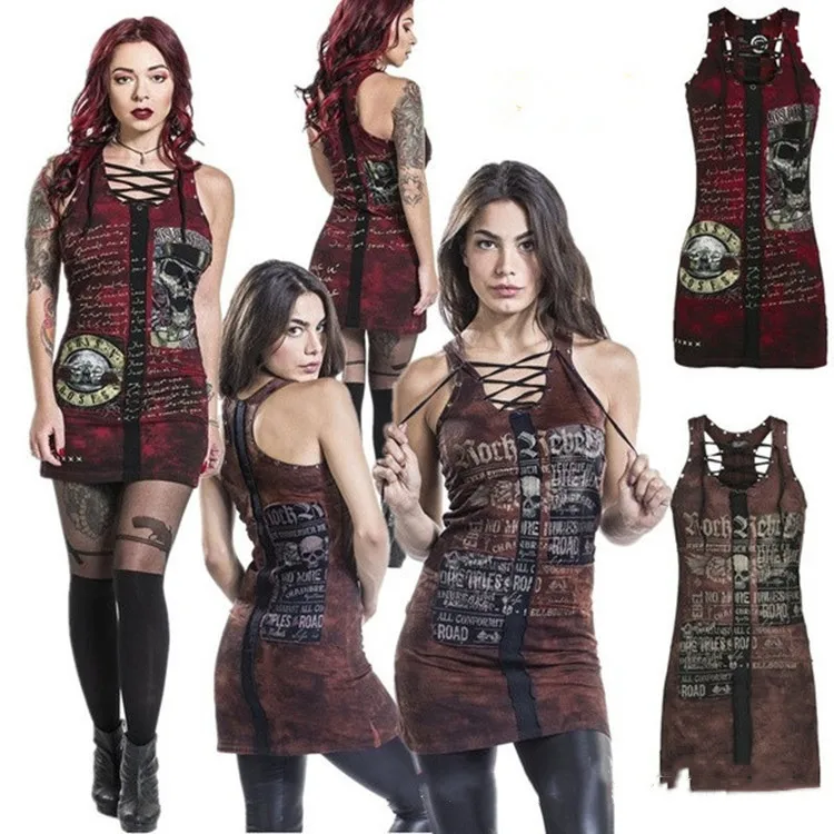 

Wholesale Gothic Skull Print Bandage Sexy Vest Mini Girls' Casual Dresses, Colors