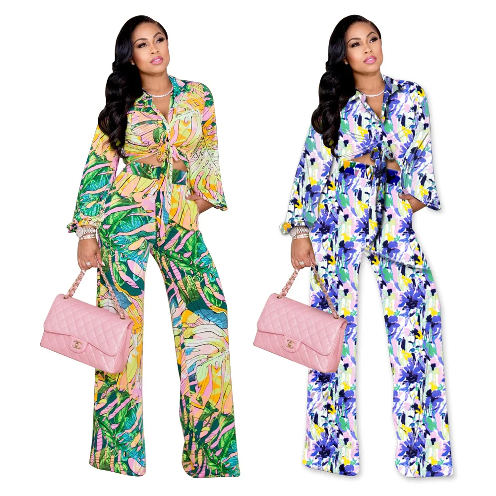 

2022 New Arrivals Print Crop Top 2 Piece Set Spring Women Clothing Bandage Shirt And Wide Leg Pants Suit