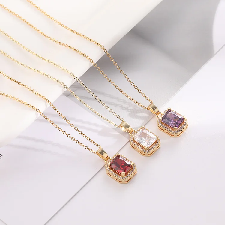 

Enchanting Golden Geometric Square Diamond Pendant Necklace Retro Jewelry Multiple Color Micro Pave CZ Gemstone Square Necklace