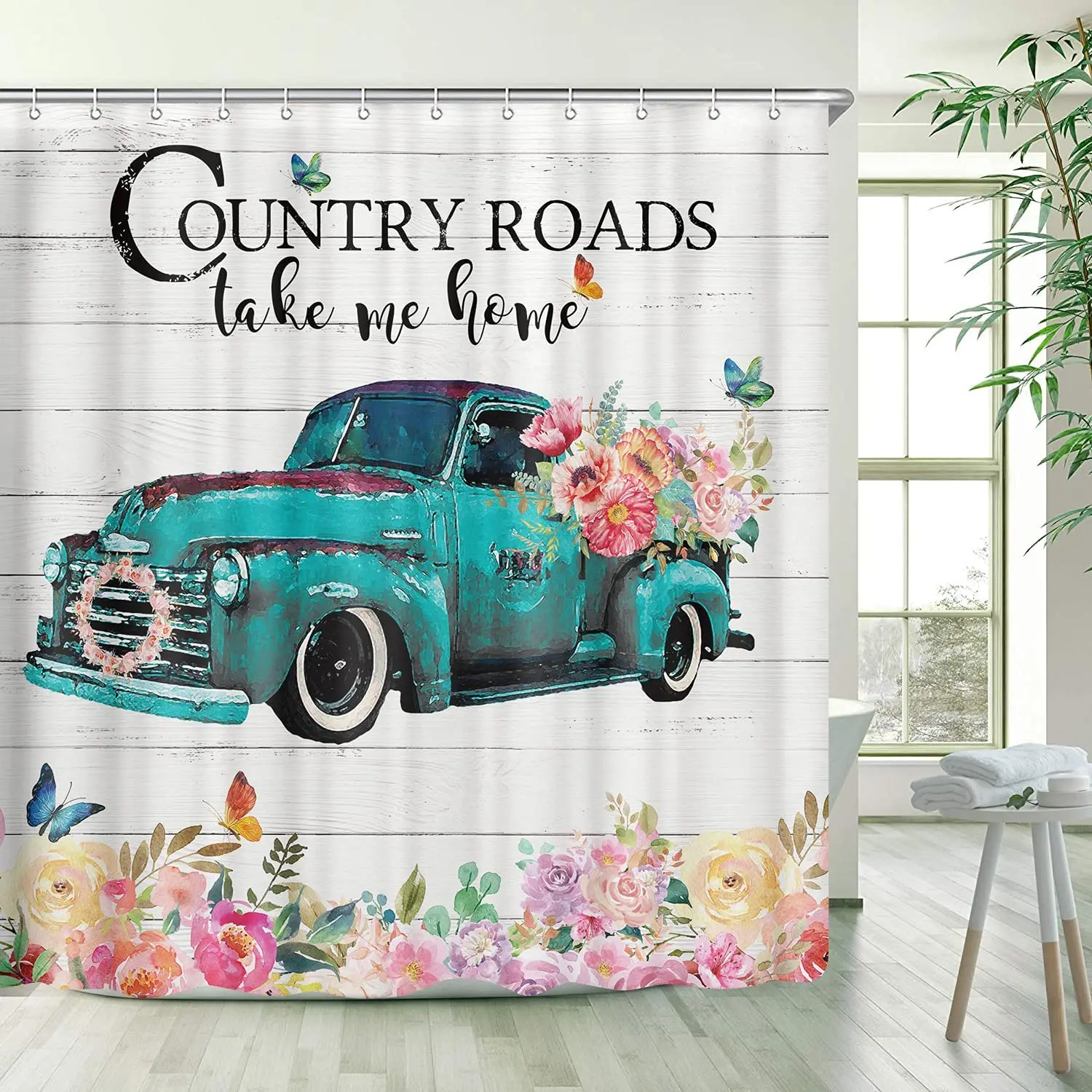 

Wholesale custom selling cartoon Farm-style retro blue truck and pink flower designed shower curtain for the bathroom