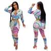 Women's Printed flower Zipper Short Jackets High Waist trousers Sets 2019 Fall Winter Outfit Sets