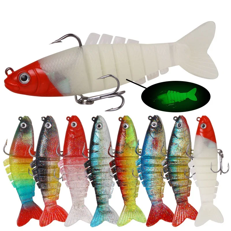 

Luminous Soft Jointed Minnow Fishing Lure 9cm/17.5g Swimbait 8 sections Bass Wobbler Bait Treble Hook Tackle, 8 color