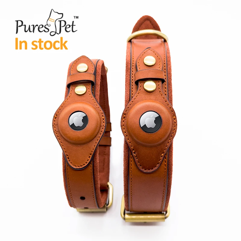 

wholesale sublimation private tracking label tweed genuine leather dog collar holder for airtag, Brown,black