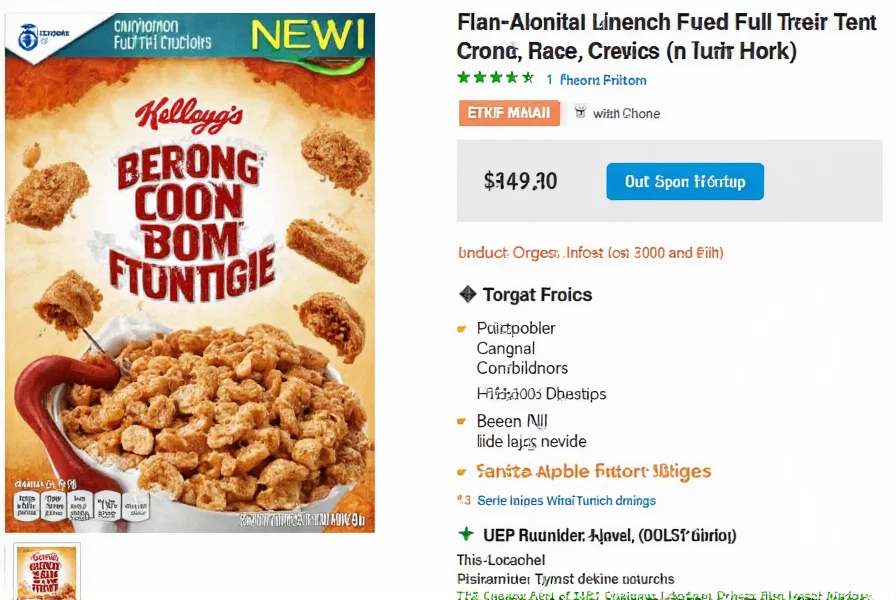 Cinnamon Toast Crunch cereal box next to measuring cup showing proper serving size with nutrition facts panel visible